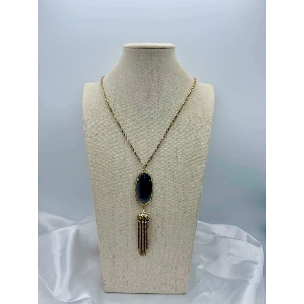 Kendra Scott Rayne Long Pendant Necklace Gold Tone Slate Cats Eye Tassel 30in